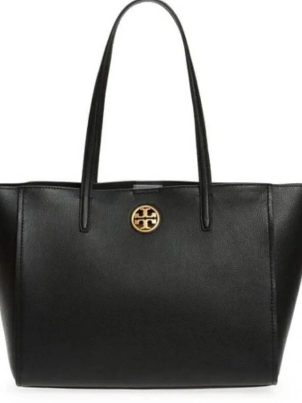 Authentic Tory Burch Carson Black Pebble Leather Gold Logo Large Shoulder Tote